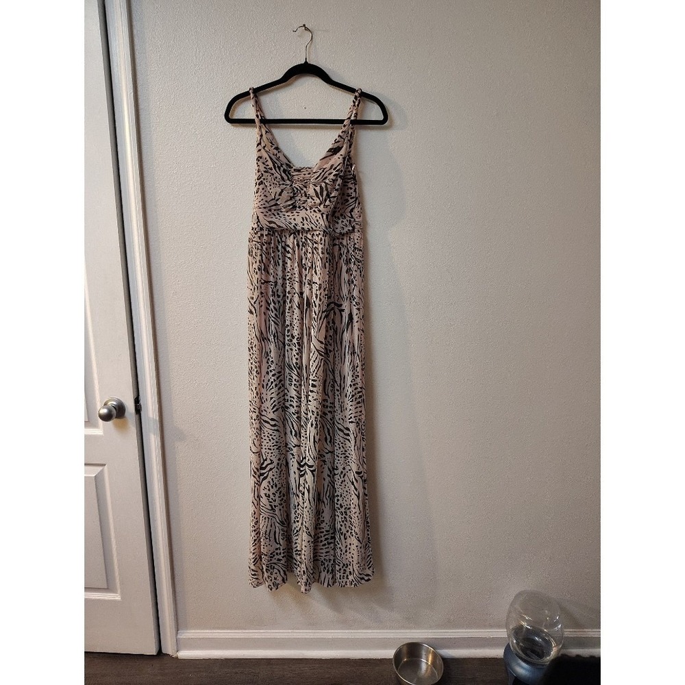 HM Mixed Animal Print Maxi Dress Womens Medium Tan Black Sleeveless V-Neck Flowy